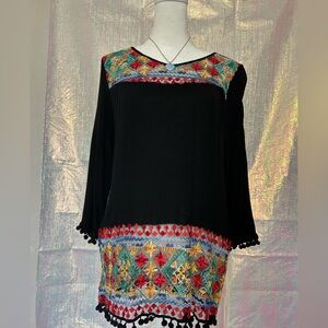 Embroidered Black Boho Tunic Top with Multicolor Trim. Size M.